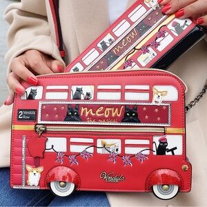 NWOT Vendula London Cats and Corgis Red Bus Pouch Bag Crossbody